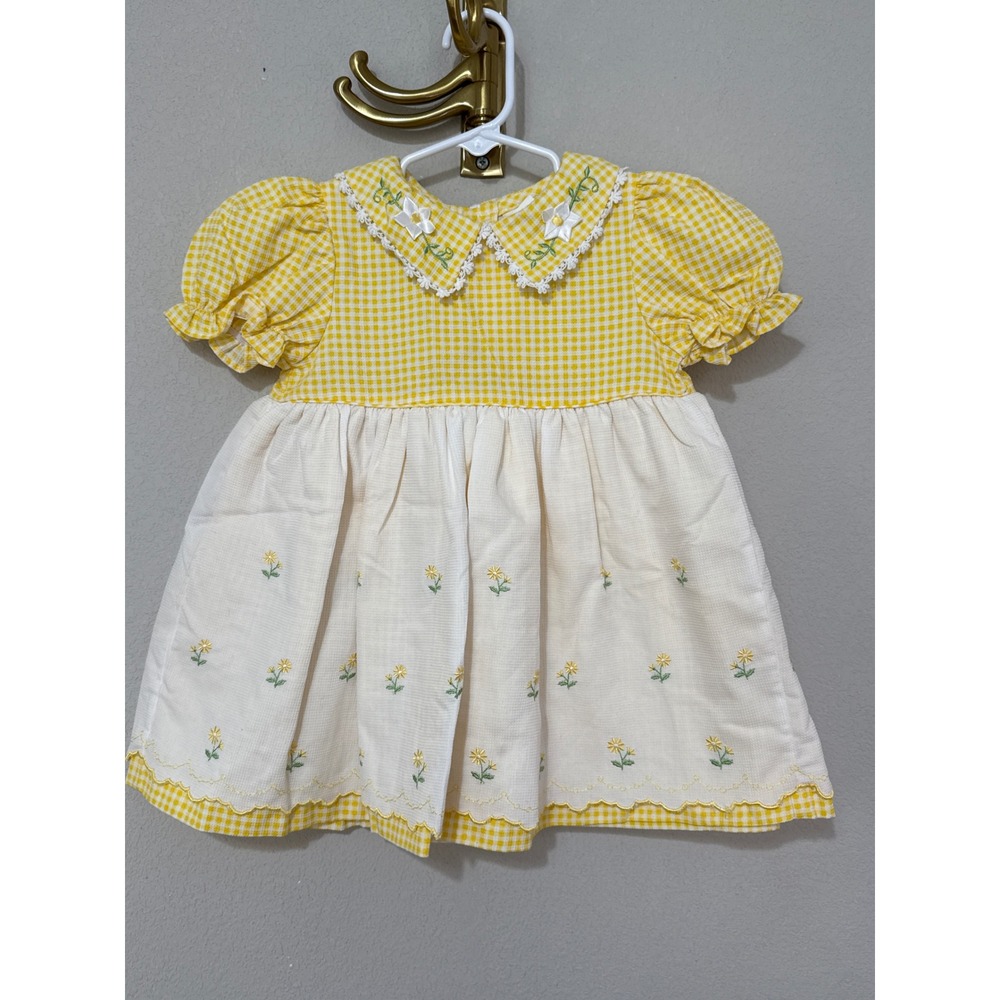 b.t. kids Gingham Floral Dress Baby Girl 24M Yellow White Vintage Embroidered